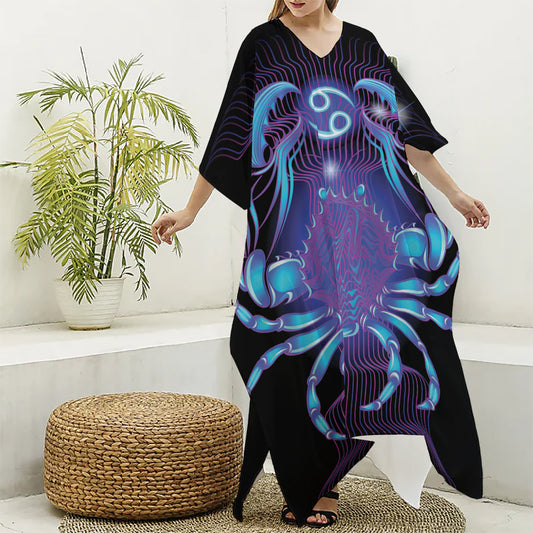 Dark Cancer Zodiac Sign Print Silk V-Neck Kaftan Dress