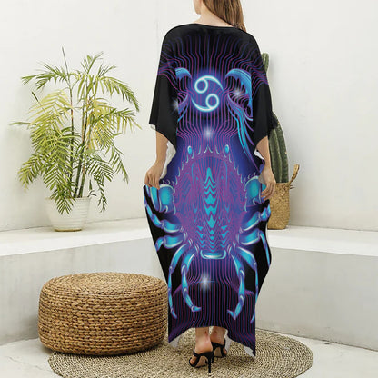 Dark Cancer Zodiac Sign Print Silk V-Neck Kaftan Dress