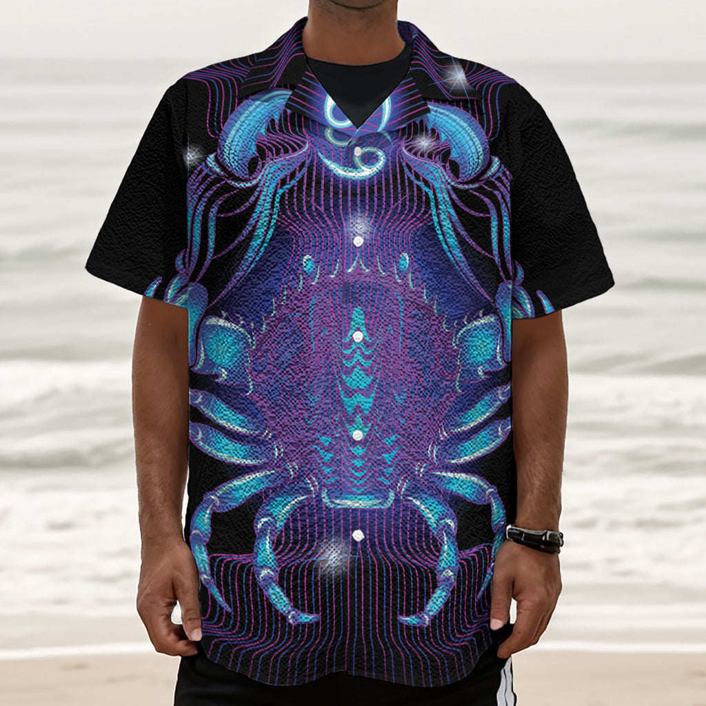 Dark Cancer Zodiac Sign Print Textured Short Sleeve Shirt
