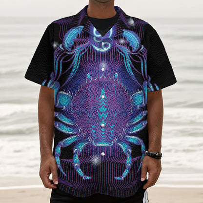 Dark Cancer Zodiac Sign Print Textured Short Sleeve Shirt
