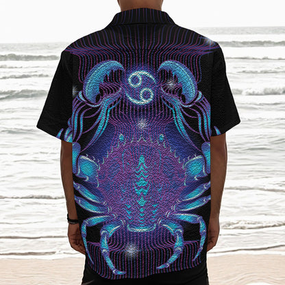 Dark Cancer Zodiac Sign Print Textured Short Sleeve Shirt