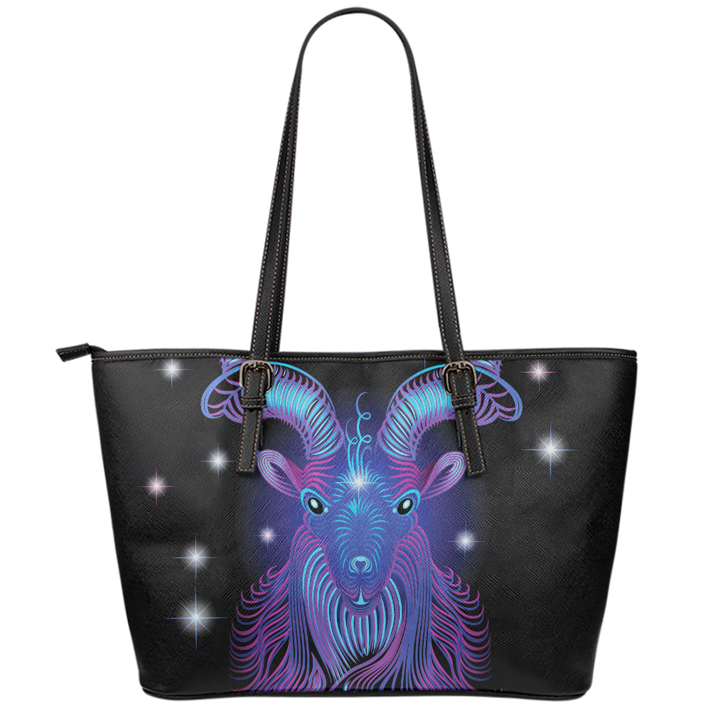 Dark Capricorn Zodiac Sign Print Leather Tote Bag