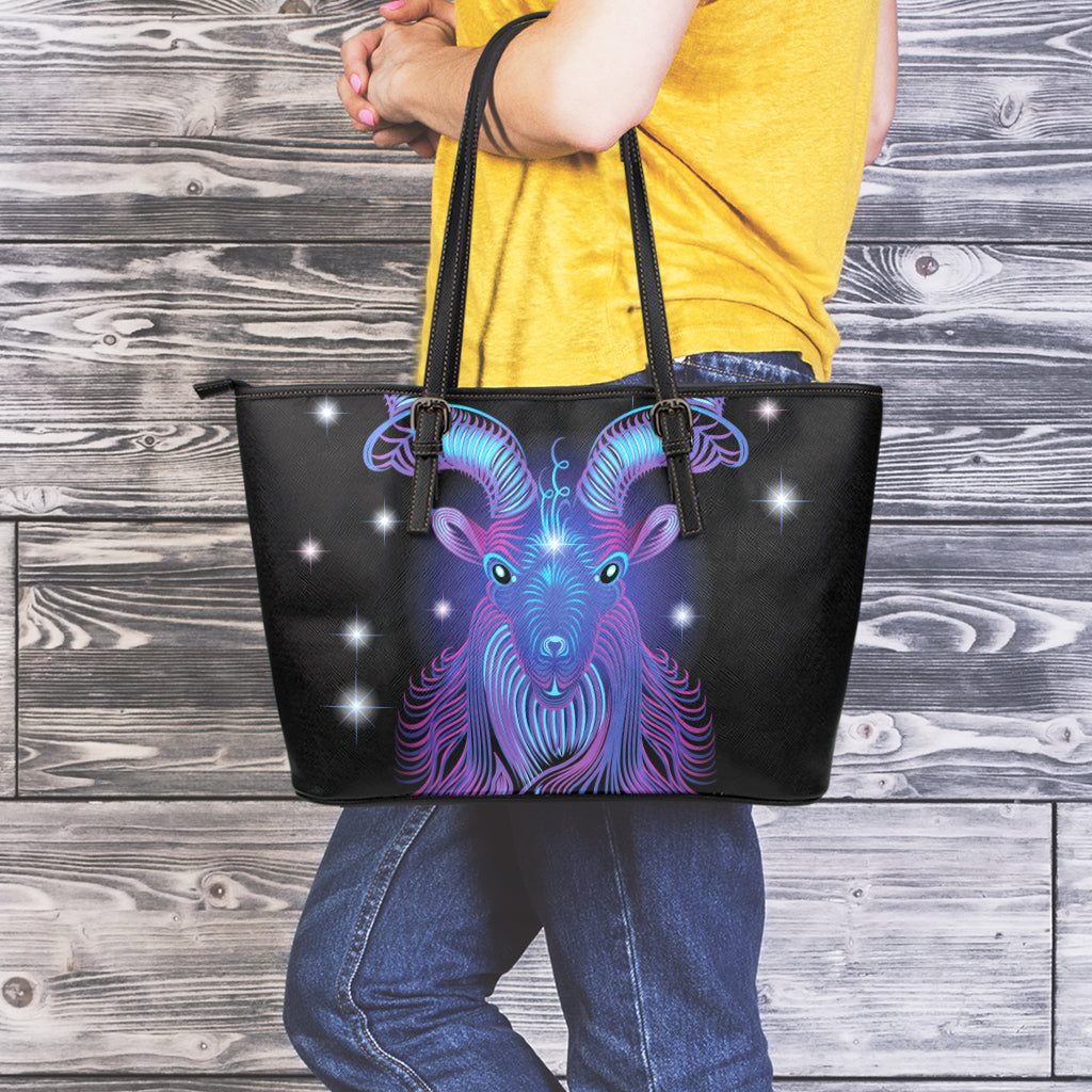 Dark Capricorn Zodiac Sign Print Leather Tote Bag
