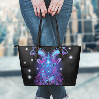 Dark Capricorn Zodiac Sign Print Leather Tote Bag
