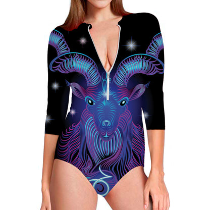 Dark Capricorn Zodiac Sign Print Long Sleeve Swimsuit