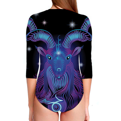 Dark Capricorn Zodiac Sign Print Long Sleeve Swimsuit