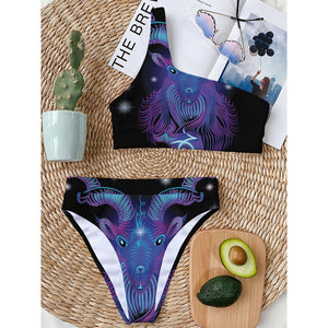 Dark Capricorn Zodiac Sign Print One Shoulder Bikini Top