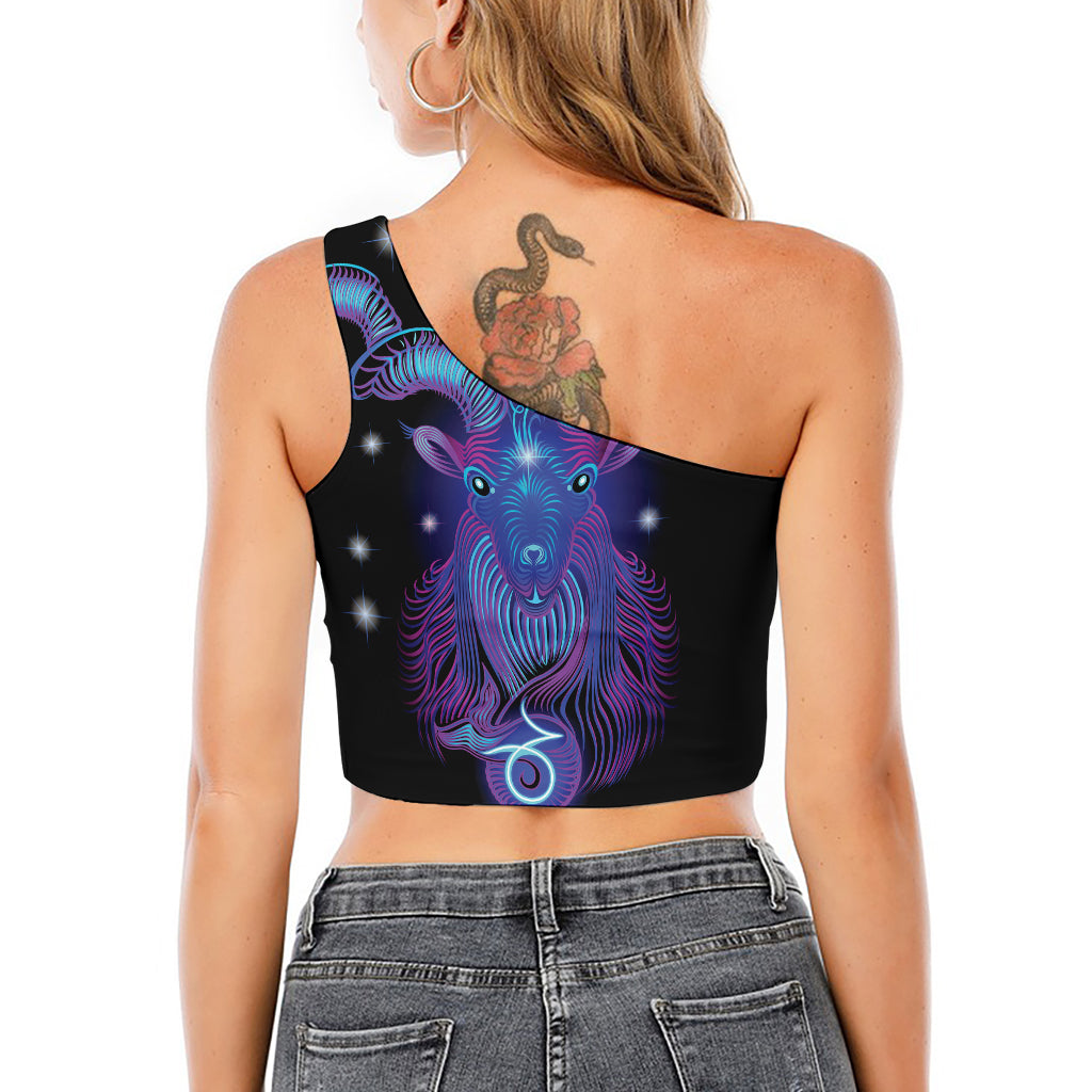 Dark Capricorn Zodiac Sign Print One Shoulder Crop Top