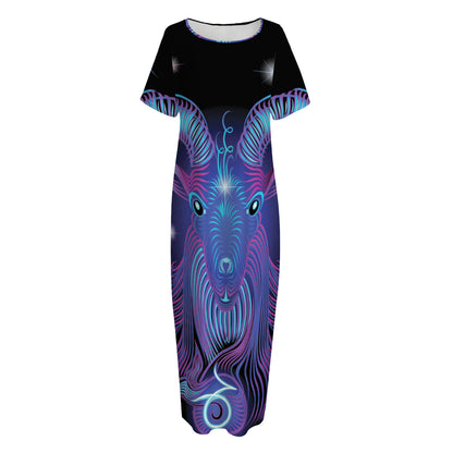 Dark Capricorn Zodiac Sign Print Short Sleeve Long Nightdress