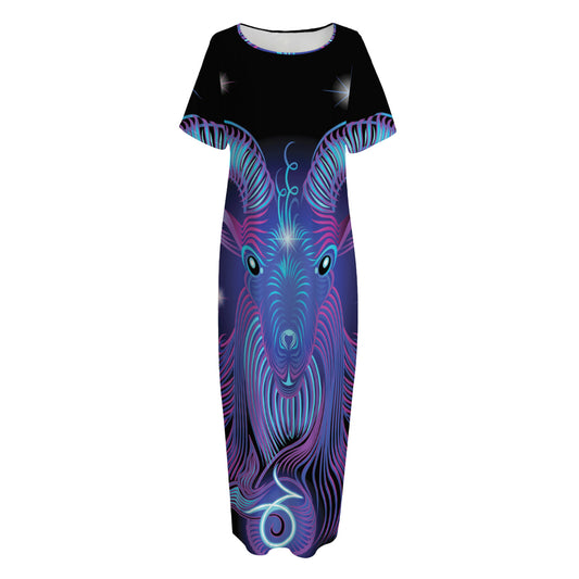 Dark Capricorn Zodiac Sign Print Short Sleeve Long Nightdress