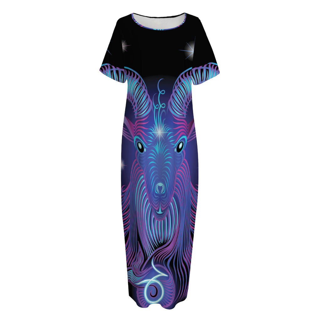 Dark Capricorn Zodiac Sign Print Short Sleeve Long Nightdress