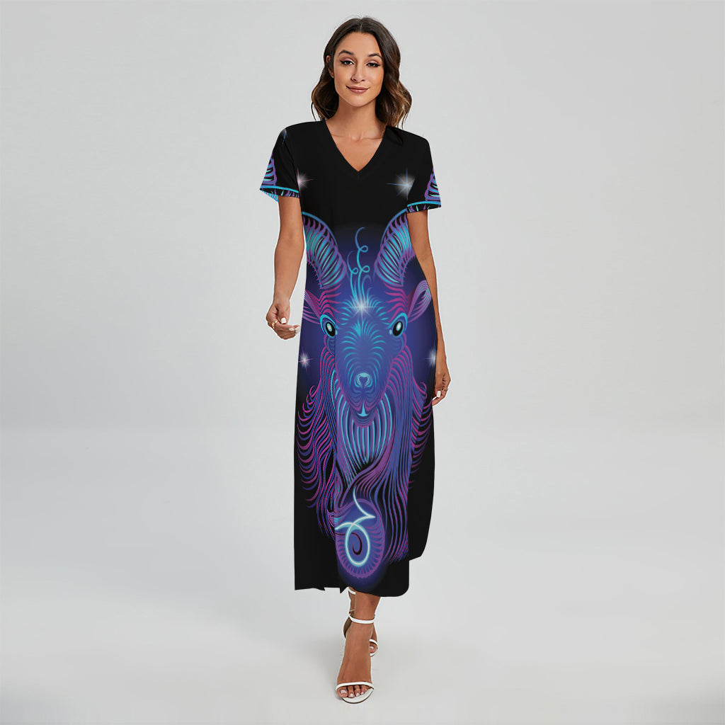 Dark Capricorn Zodiac Sign Print Short Sleeve Maxi Dress