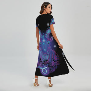 Dark Capricorn Zodiac Sign Print Short Sleeve Maxi Dress