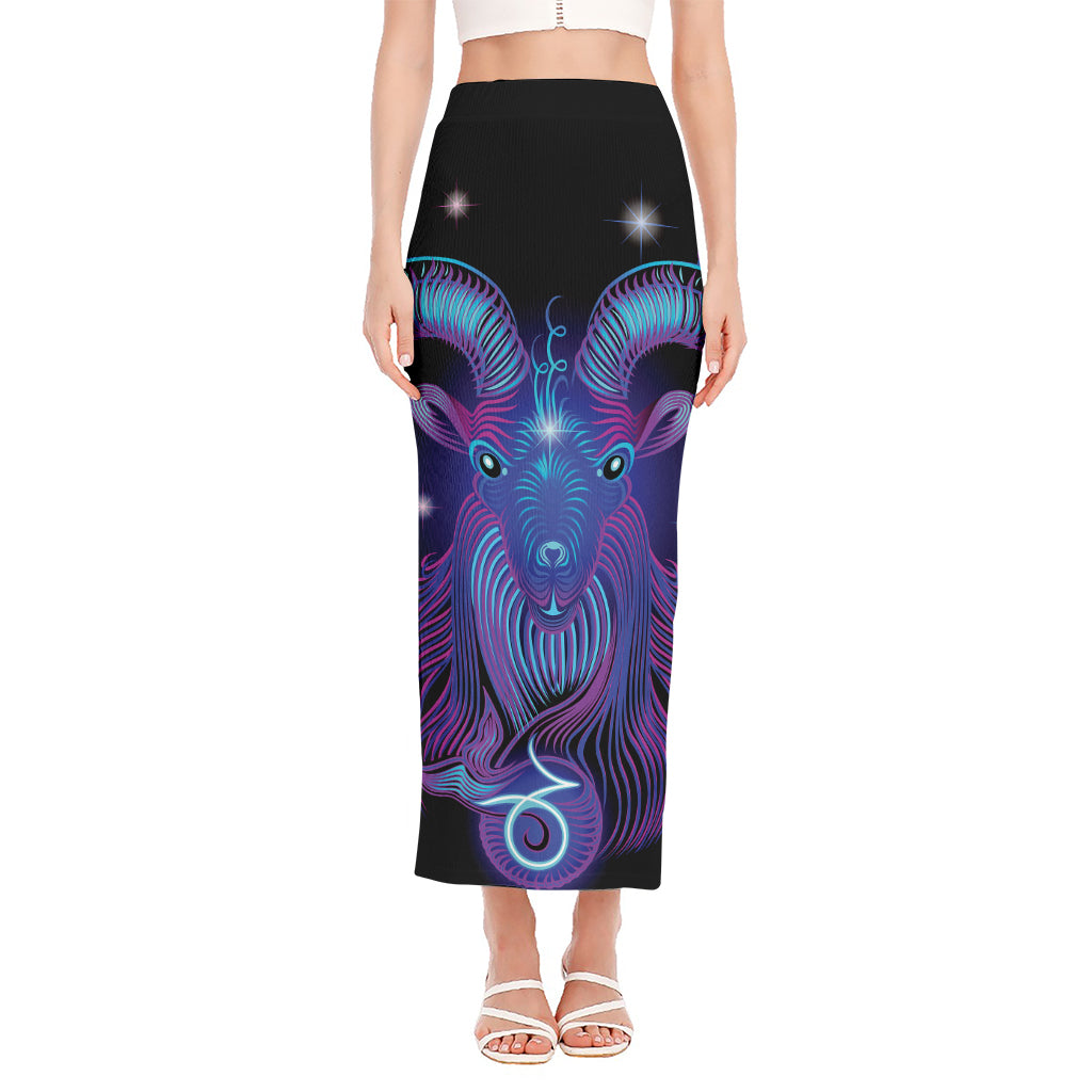 Dark Capricorn Zodiac Sign Print Side Slit Maxi Skirt