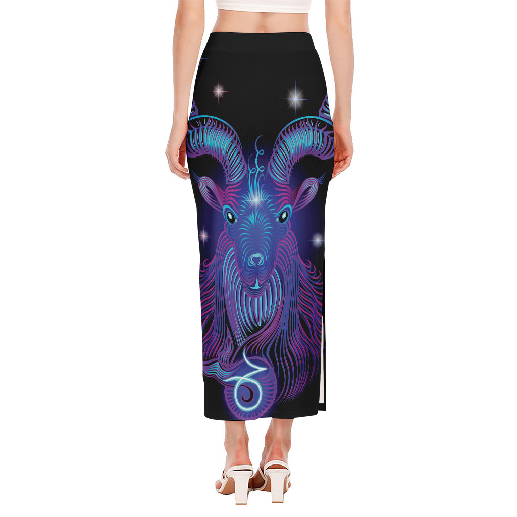 Dark Capricorn Zodiac Sign Print Side Slit Maxi Skirt