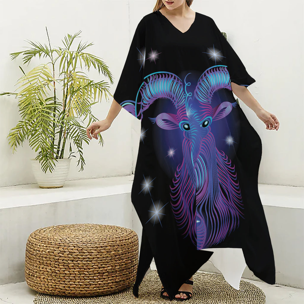 Dark Capricorn Zodiac Sign Print Silk V-Neck Kaftan Dress