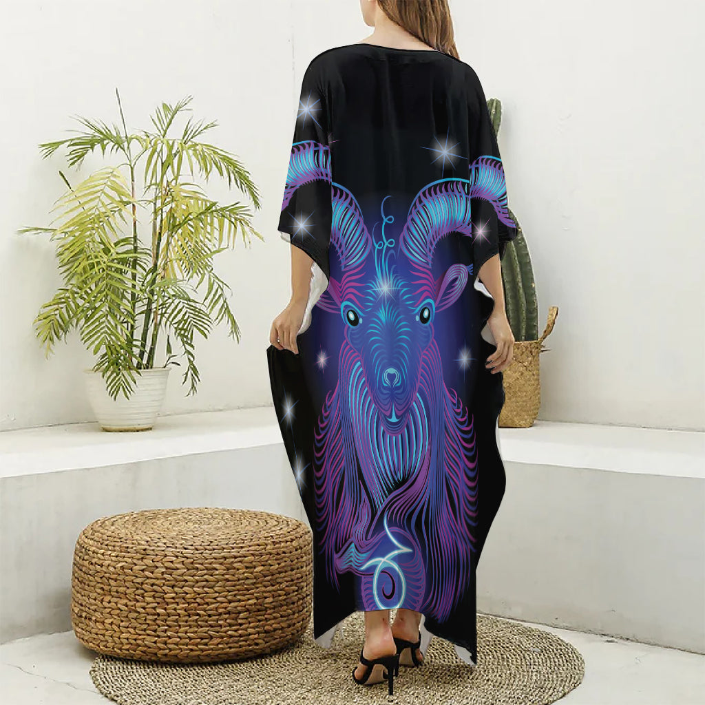 Dark Capricorn Zodiac Sign Print Silk V-Neck Kaftan Dress