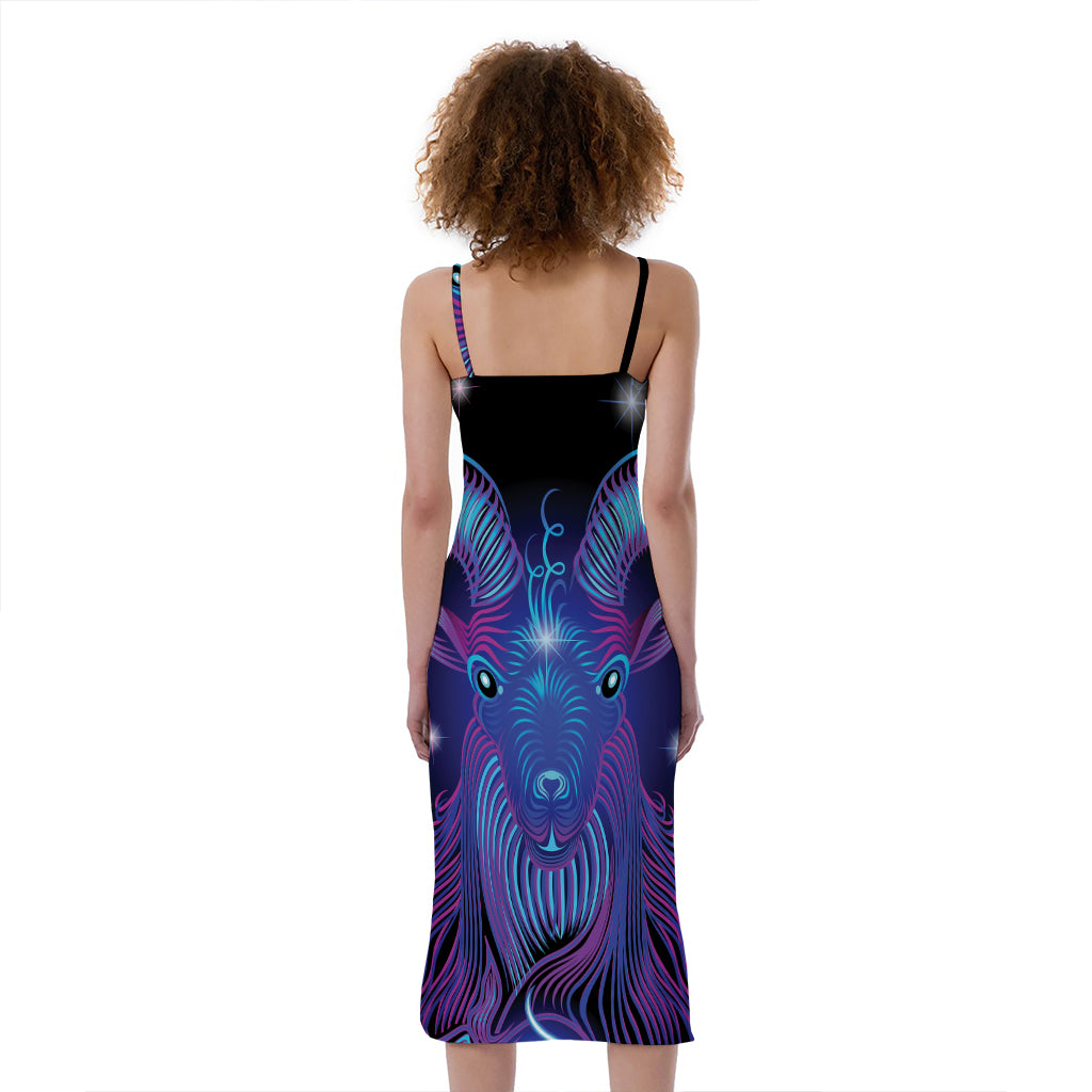 Dark Capricorn Zodiac Sign Print Slim Fit Midi Cami Dress