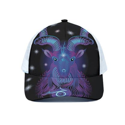 Dark Capricorn Zodiac Sign Print White Mesh Trucker Cap