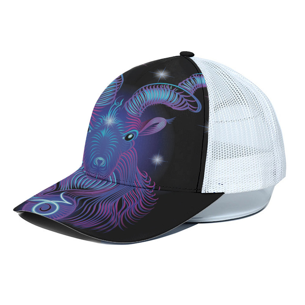 Dark Capricorn Zodiac Sign Print White Mesh Trucker Cap