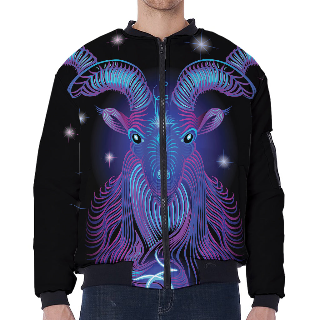 Dark Capricorn Zodiac Sign Print Zip Sleeve Bomber Jacket