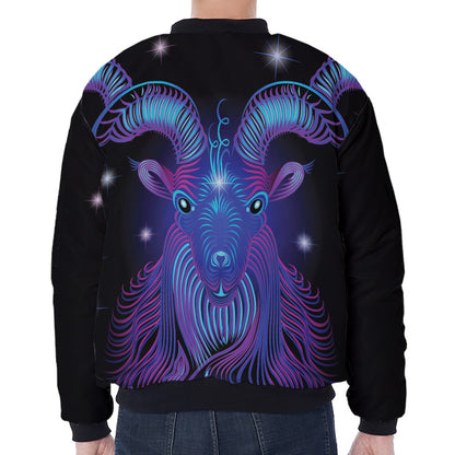 Dark Capricorn Zodiac Sign Print Zip Sleeve Bomber Jacket