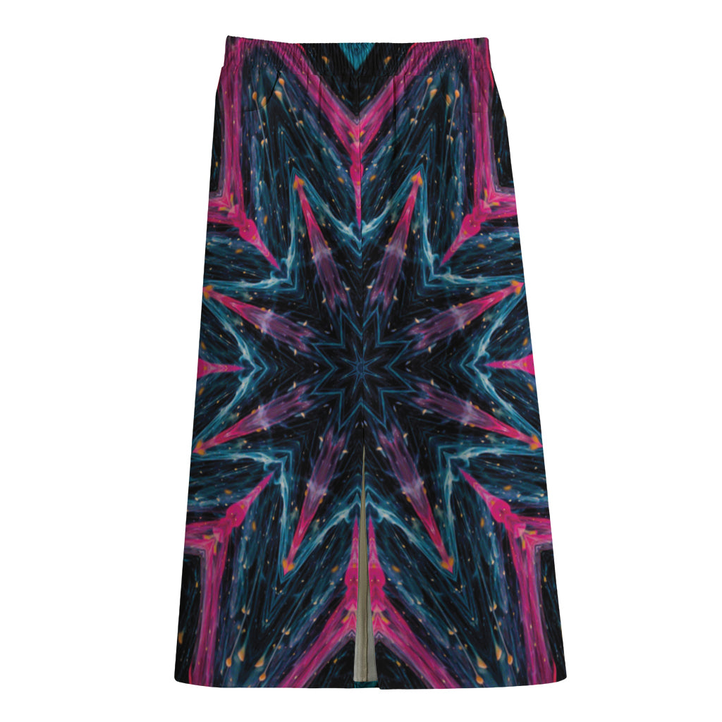 Dark Cloud Kaleidoscope Print Cotton Front Slit Maxi Skirt