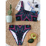 Dark Cloud Kaleidoscope Print One Shoulder Bikini Top