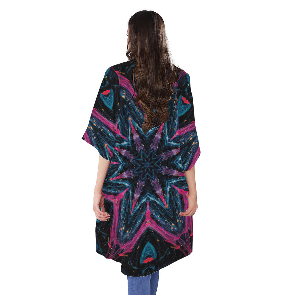 Dark Cloud Kaleidoscope Print Open Front Beach Cover Up