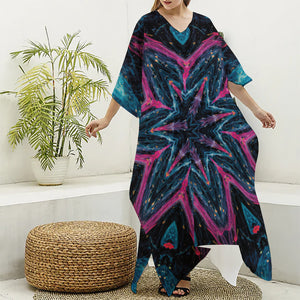 Dark Cloud Kaleidoscope Print Silk V-Neck Kaftan Dress