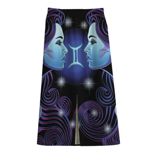 Dark Gemini Zodiac Sign Print Cotton Front Slit Maxi Skirt