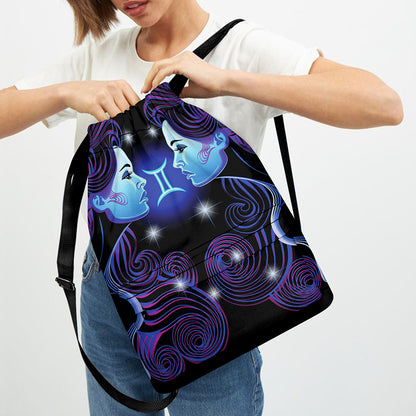 Dark Gemini Zodiac Sign Print Drawstring Backpack