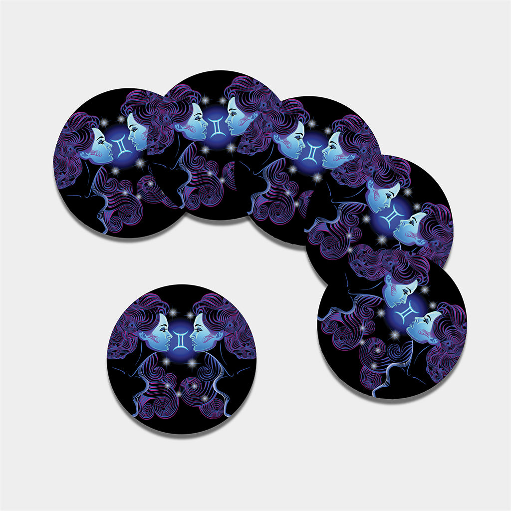Dark Gemini Zodiac Sign Print Leather Coaster Set