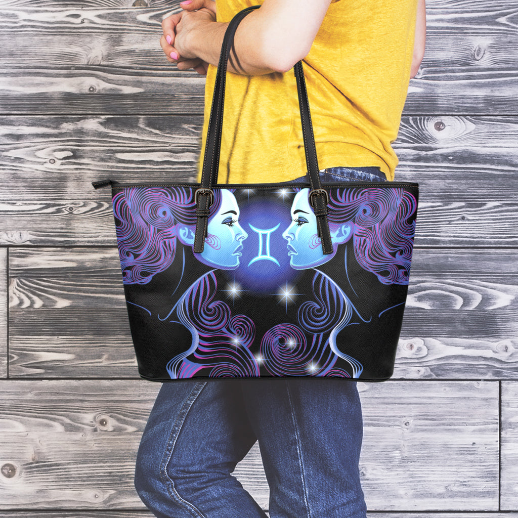 Dark Gemini Zodiac Sign Print Leather Tote Bag