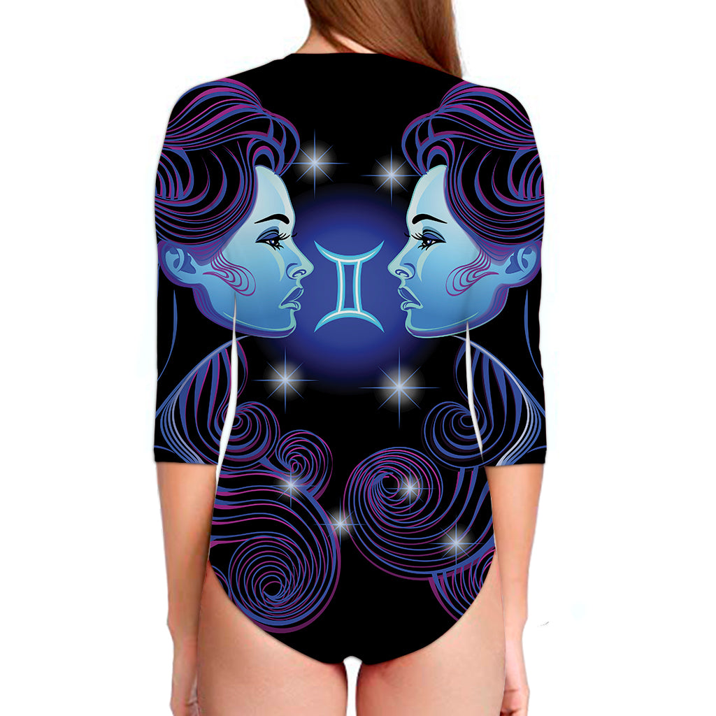 Dark Gemini Zodiac Sign Print Long Sleeve Swimsuit