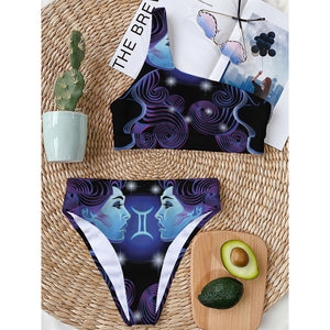 Dark Gemini Zodiac Sign Print One Shoulder Bikini Top