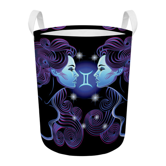 Dark Gemini Zodiac Sign Print Round Laundry Basket
