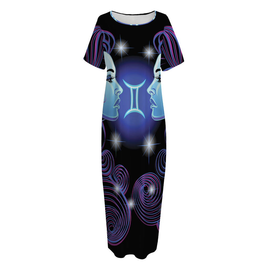 Dark Gemini Zodiac Sign Print Short Sleeve Long Nightdress