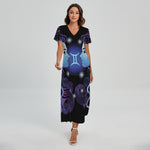 Dark Gemini Zodiac Sign Print Short Sleeve Maxi Dress