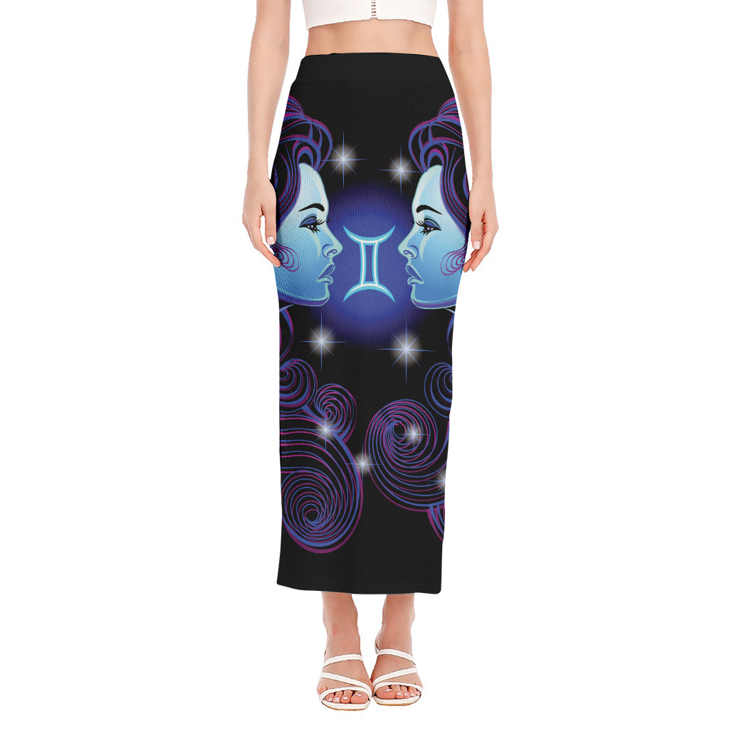 Dark Gemini Zodiac Sign Print Side Slit Maxi Skirt