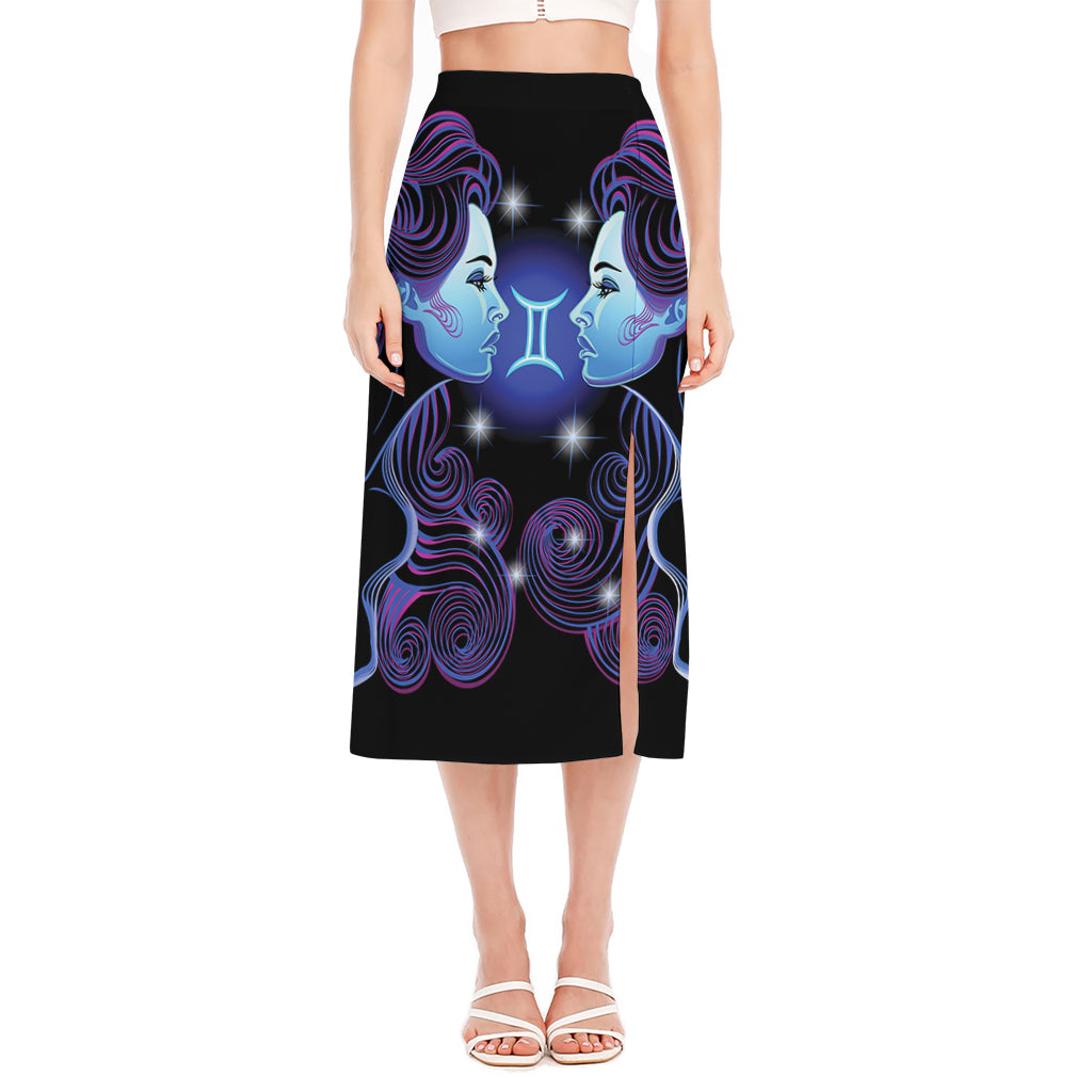 Dark Gemini Zodiac Sign Print Side Slit Midi Skirt