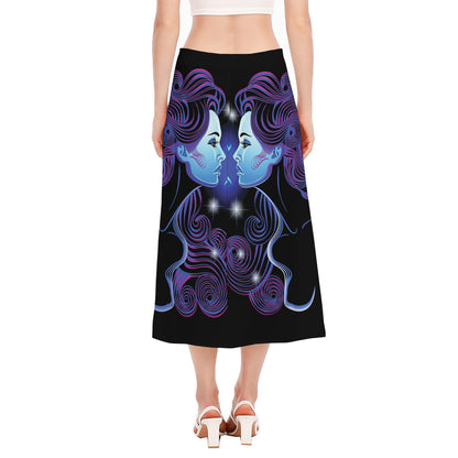 Dark Gemini Zodiac Sign Print Side Slit Midi Skirt