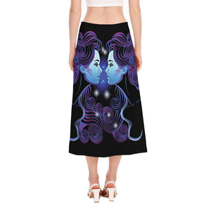 Dark Gemini Zodiac Sign Print Side Slit Midi Skirt