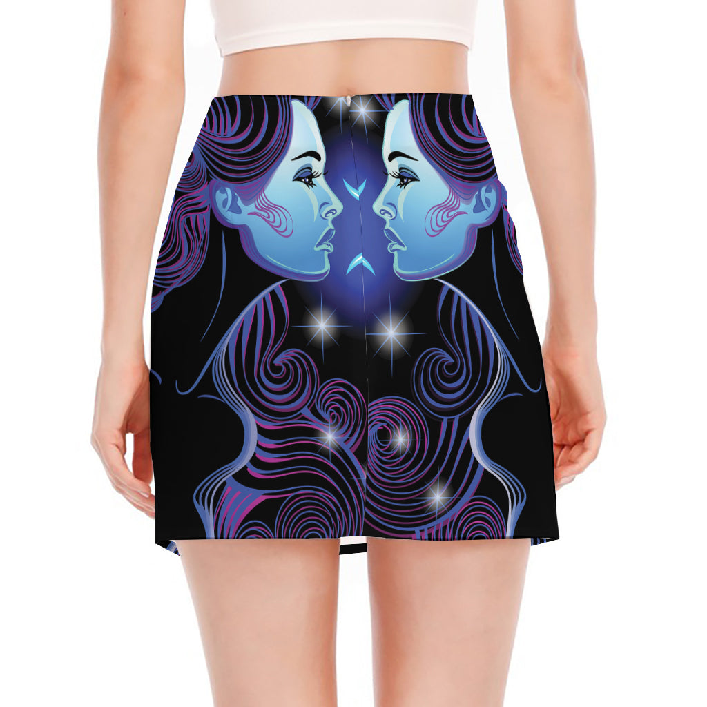 Dark Gemini Zodiac Sign Print Side Slit Mini Skirt