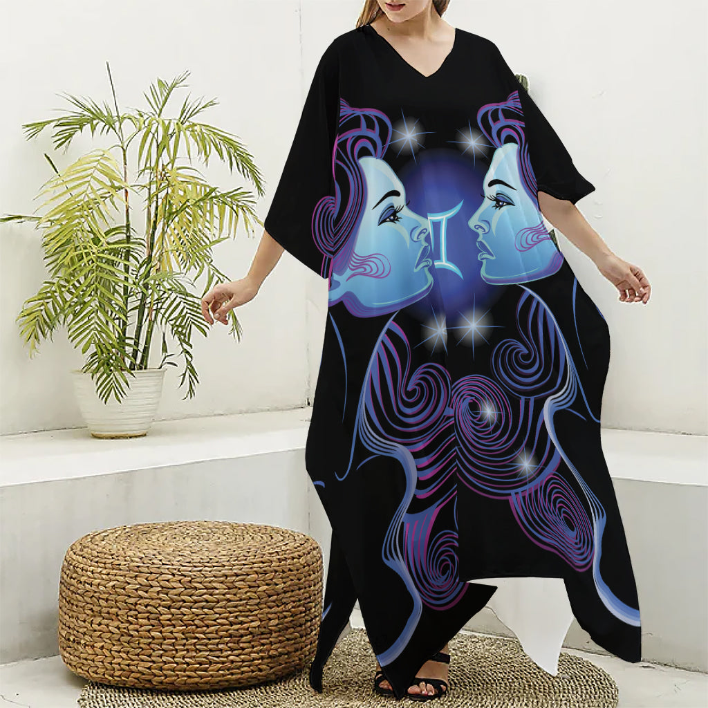 Dark Gemini Zodiac Sign Print Silk V-Neck Kaftan Dress