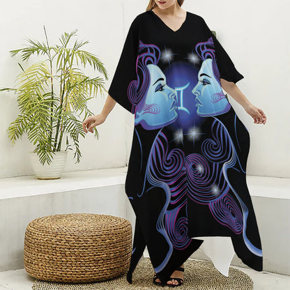 Dark Gemini Zodiac Sign Print Silk V-Neck Kaftan Dress