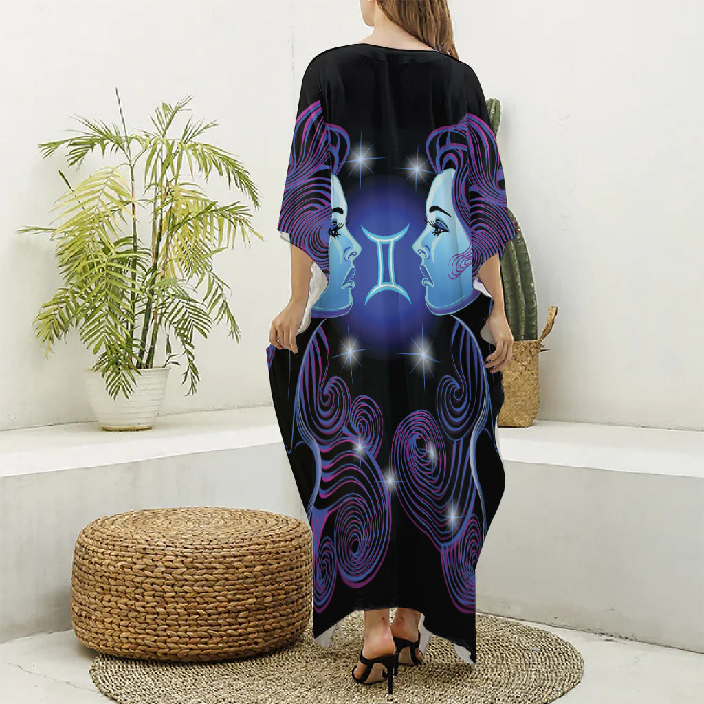 Dark Gemini Zodiac Sign Print Silk V-Neck Kaftan Dress