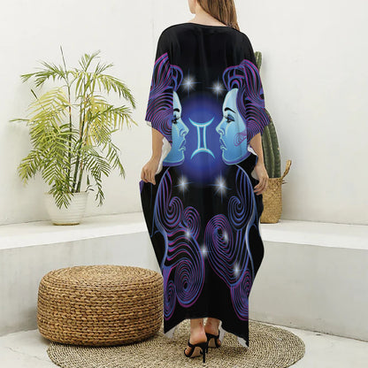 Dark Gemini Zodiac Sign Print Silk V-Neck Kaftan Dress
