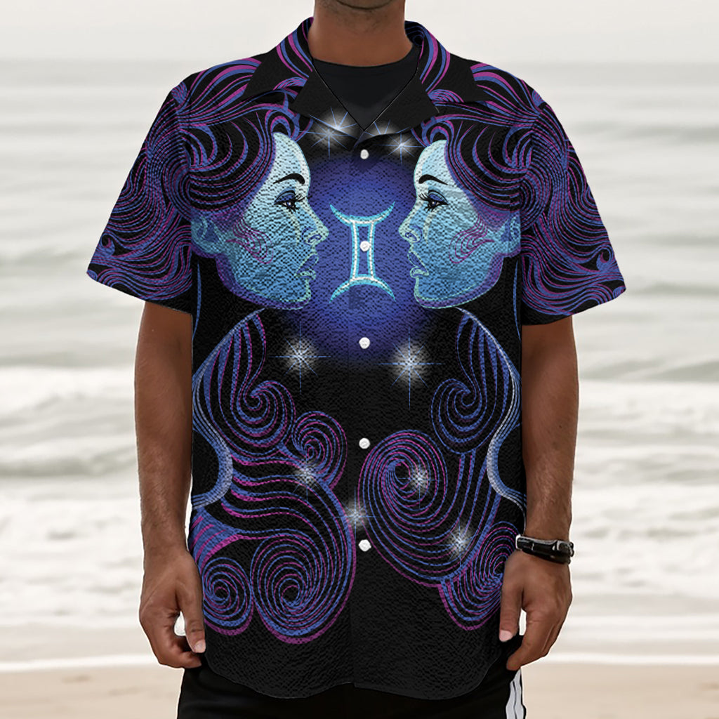 Dark Gemini Zodiac Sign Print Textured Short Sleeve Shirt