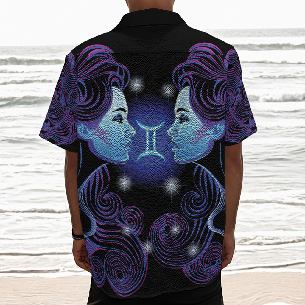Dark Gemini Zodiac Sign Print Textured Short Sleeve Shirt